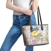 Hawaii Cruising Back To School Leather Tote Bag Grid Pattern With School Bag And Vintage Surf Van