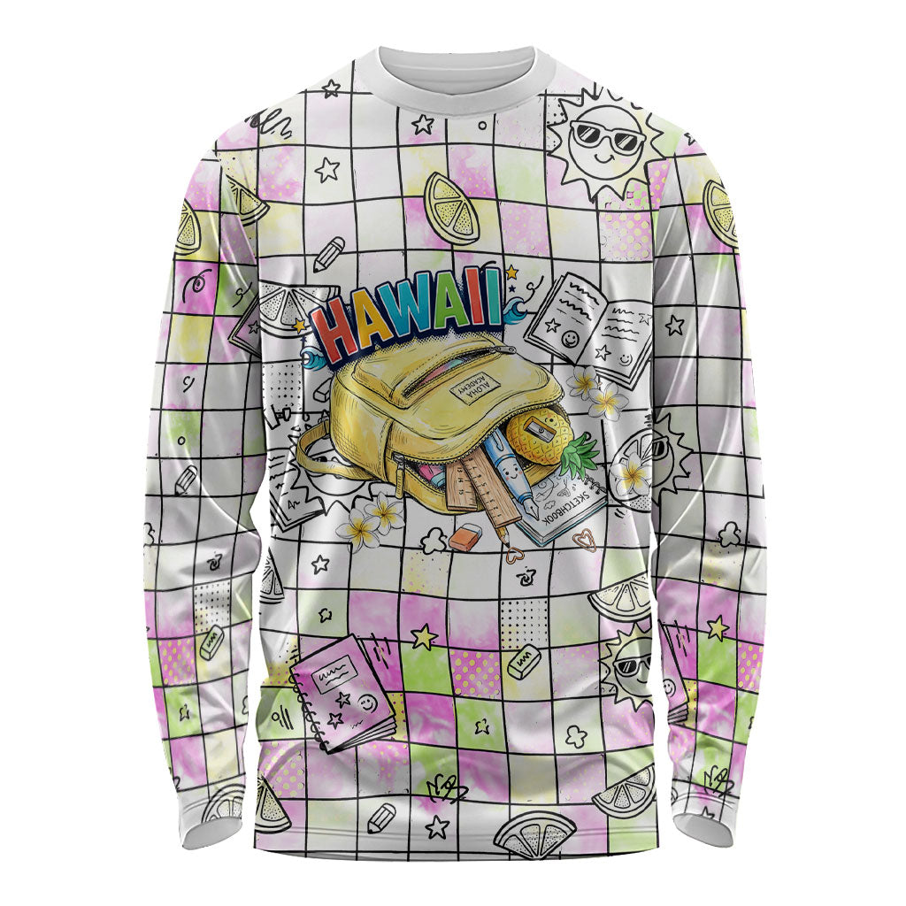 Hawaii Cruising Back To School Long Sleeve Shirt Grid Pattern With School Bag And Vintage Surf Van TS04 Unisex White Yellow - Polynesian Pride