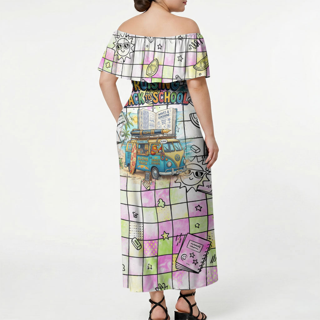 Hawaii Cruising Back To School Off Shoulder Maxi Dress Grid Pattern With School Bag And Vintage Surf Van