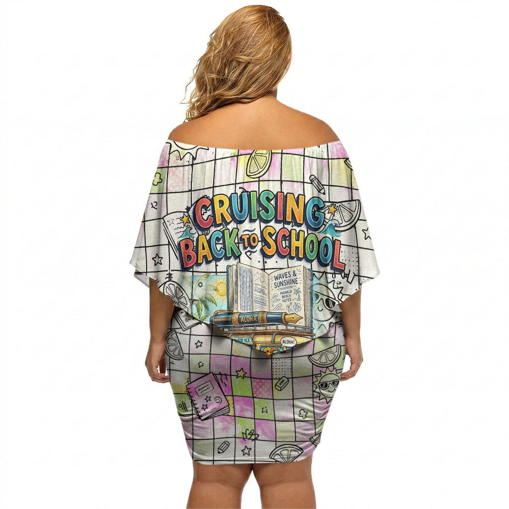 Hawaii Cruising Back To School Off Shoulder Short Dress Grid Pattern With School Bag And Vintage Surf Van