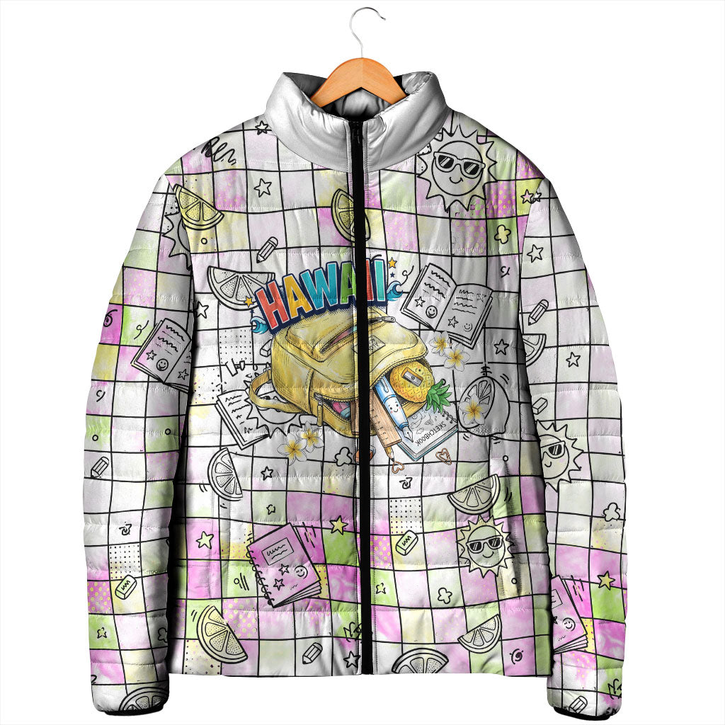 Hawaii Cruising Back To School Padded Jacket Grid Pattern With School Bag And Vintage Surf Van
