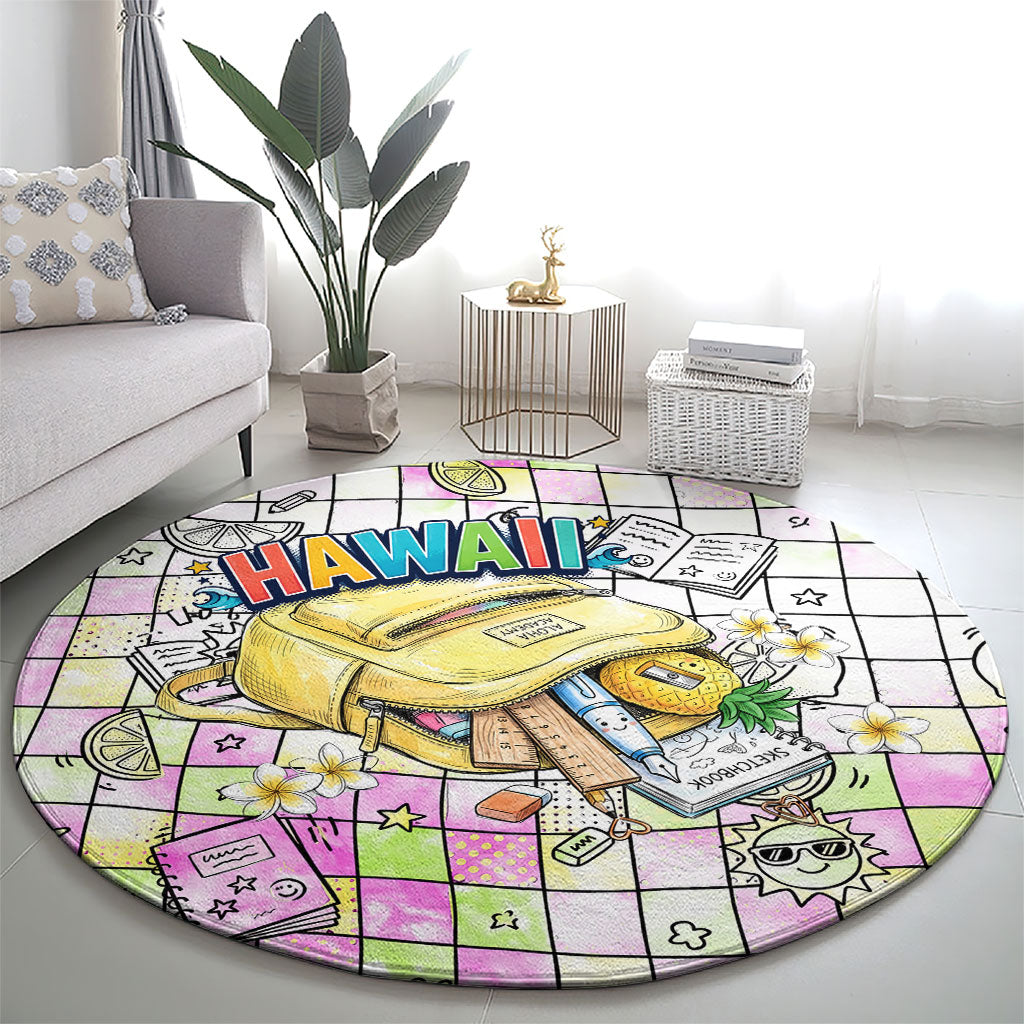 Hawaii Cruising Back To School Round Carpet Grid Pattern With School Bag And Vintage Surf Van