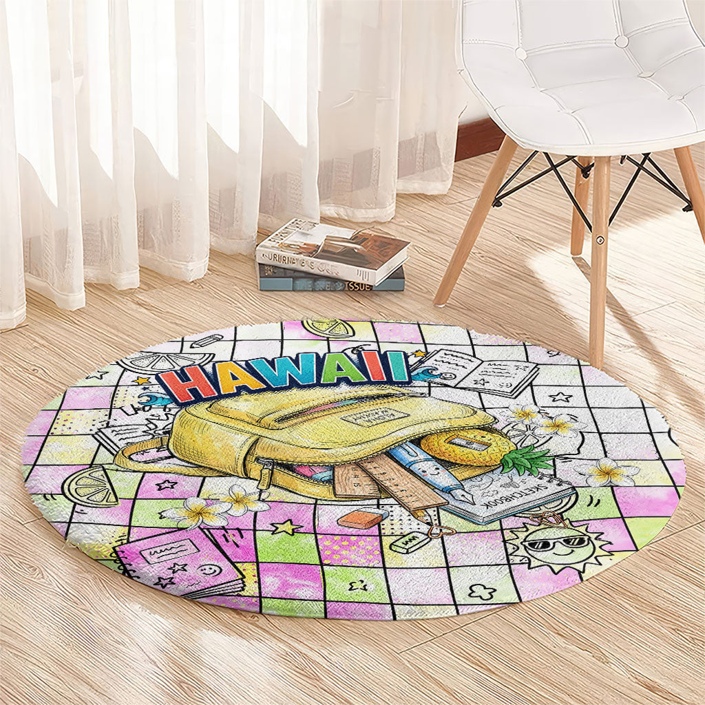 Hawaii Cruising Back To School Round Carpet Grid Pattern With School Bag And Vintage Surf Van