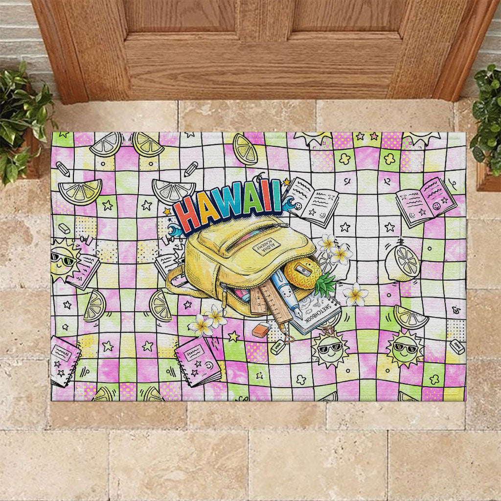 Hawaii Cruising Back To School Rubber Doormat Grid Pattern With School Bag And Vintage Surf Van