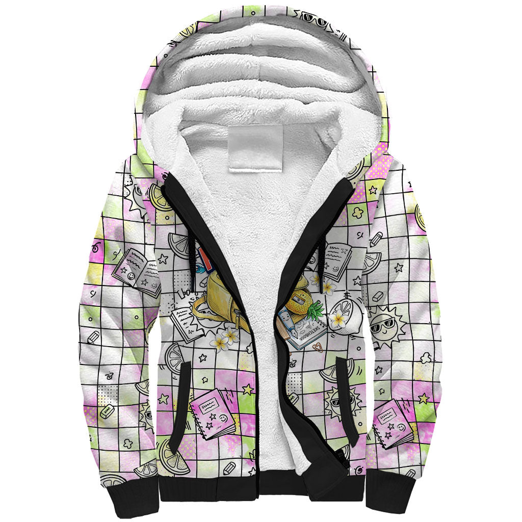Hawaii Cruising Back To School Sherpa Hoodie Grid Pattern With School Bag And Vintage Surf Van