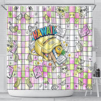 Hawaii Cruising Back To School Shower Curtain Grid Pattern With School Bag And Vintage Surf Van