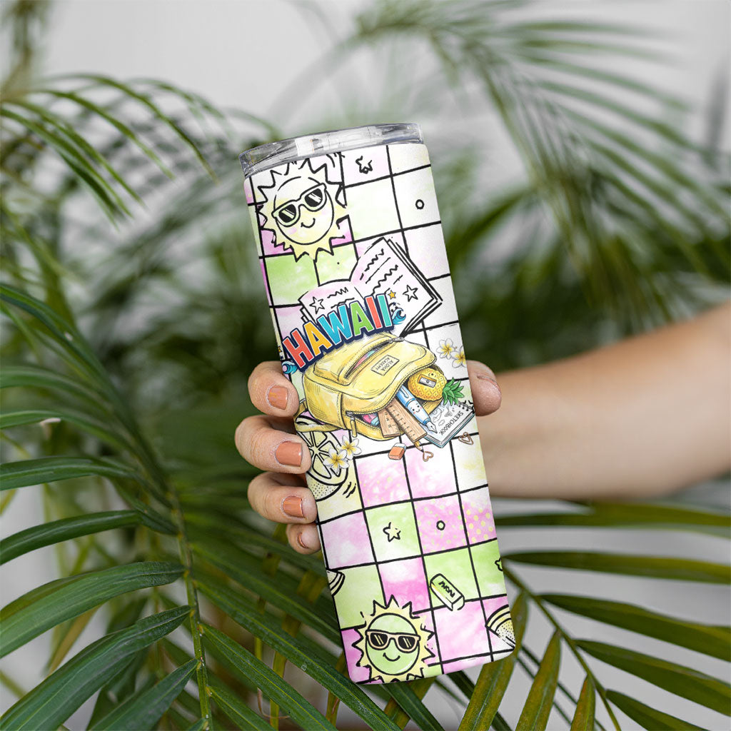 Hawaii Cruising Back To School Skinny Tumbler Grid Pattern With School Bag And Vintage Surf Van