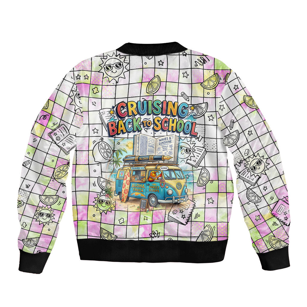 Hawaii Cruising Back To School Sleeve Zip Bomber Jacket Grid Pattern With School Bag And Vintage Surf Van