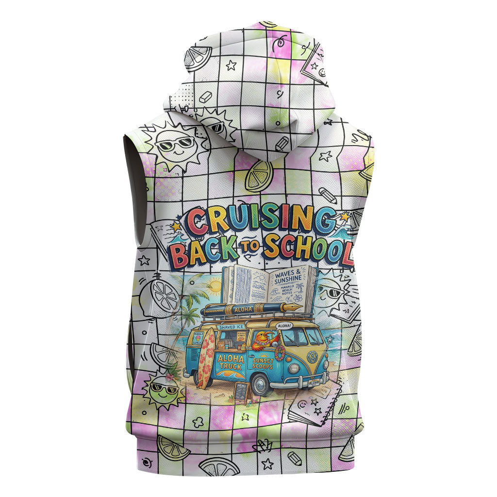 Hawaii Cruising Back To School Sleeveless Zip Hoodie Grid Pattern With School Bag And Vintage Surf Van