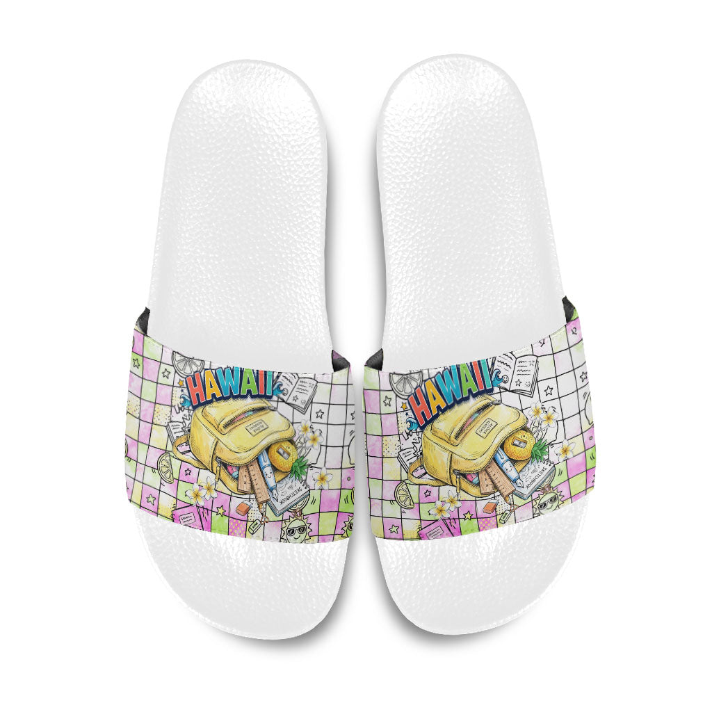 Hawaii Cruising Back To School Slide Sandals Grid Pattern With School Bag And Vintage Surf Van