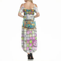 Hawaii Cruising Back To School Summer Maxi Dress Grid Pattern With School Bag And Vintage Surf Van