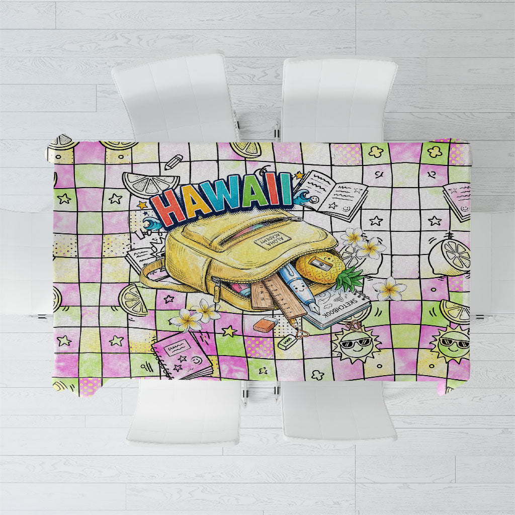 Hawaii Cruising Back To School Tablecloth Grid Pattern With School Bag And Vintage Surf Van