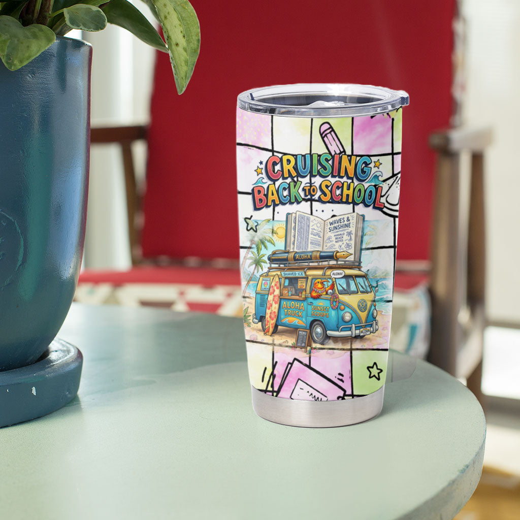 Hawaii Cruising Back To School Tumbler Cup Grid Pattern With School Bag And Vintage Surf Van