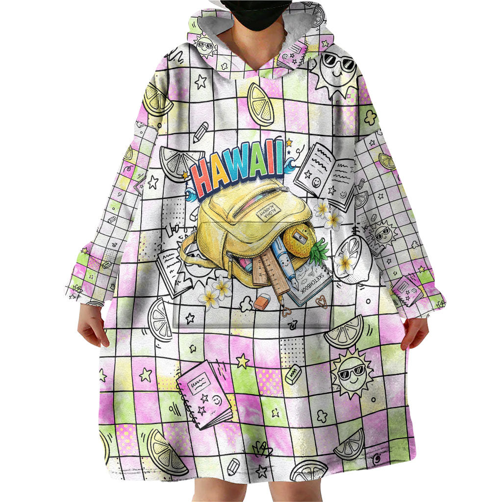 Hawaii Cruising Back To School Wearable Blanket Hoodie Grid Pattern With School Bag And Vintage Surf Van
