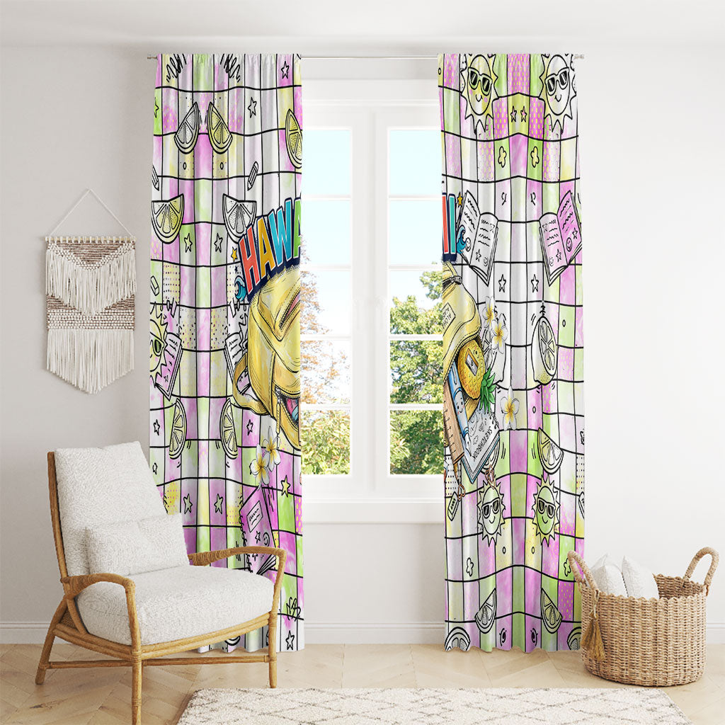 Hawaii Cruising Back To School Window Curtain Grid Pattern With School Bag And Vintage Surf Van