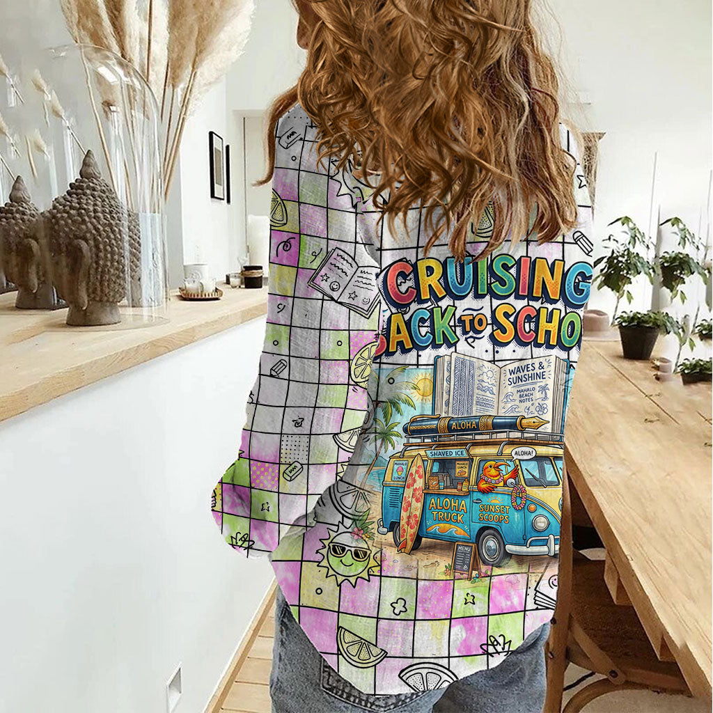 Hawaii Cruising Back To School Women Casual Shirt Grid Pattern With School Bag And Vintage Surf Van