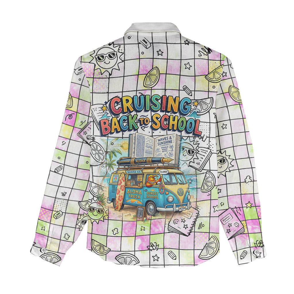 Hawaii Cruising Back To School Women Casual Shirt Grid Pattern With School Bag And Vintage Surf Van