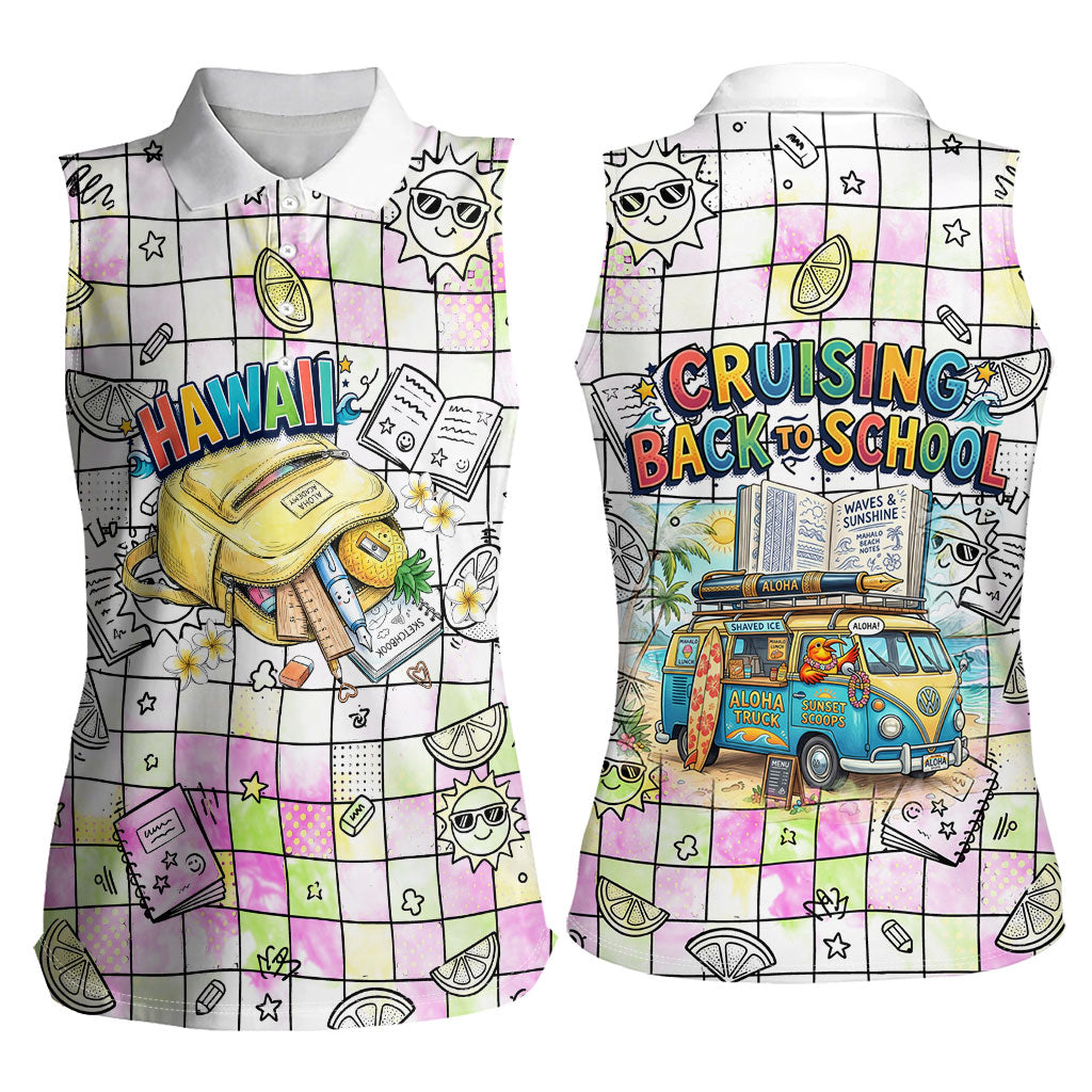 Hawaii Cruising Back To School Women Sleeveless Polo Shirt Grid Pattern With School Bag And Vintage Surf Van