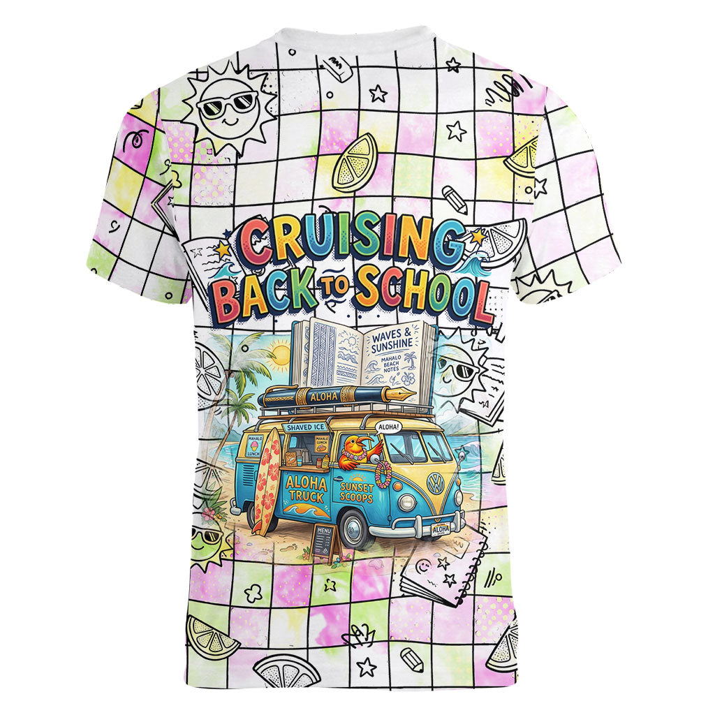 Hawaii Cruising Back To School Women V-Neck T-Shirt Grid Pattern With School Bag And Vintage Surf Van