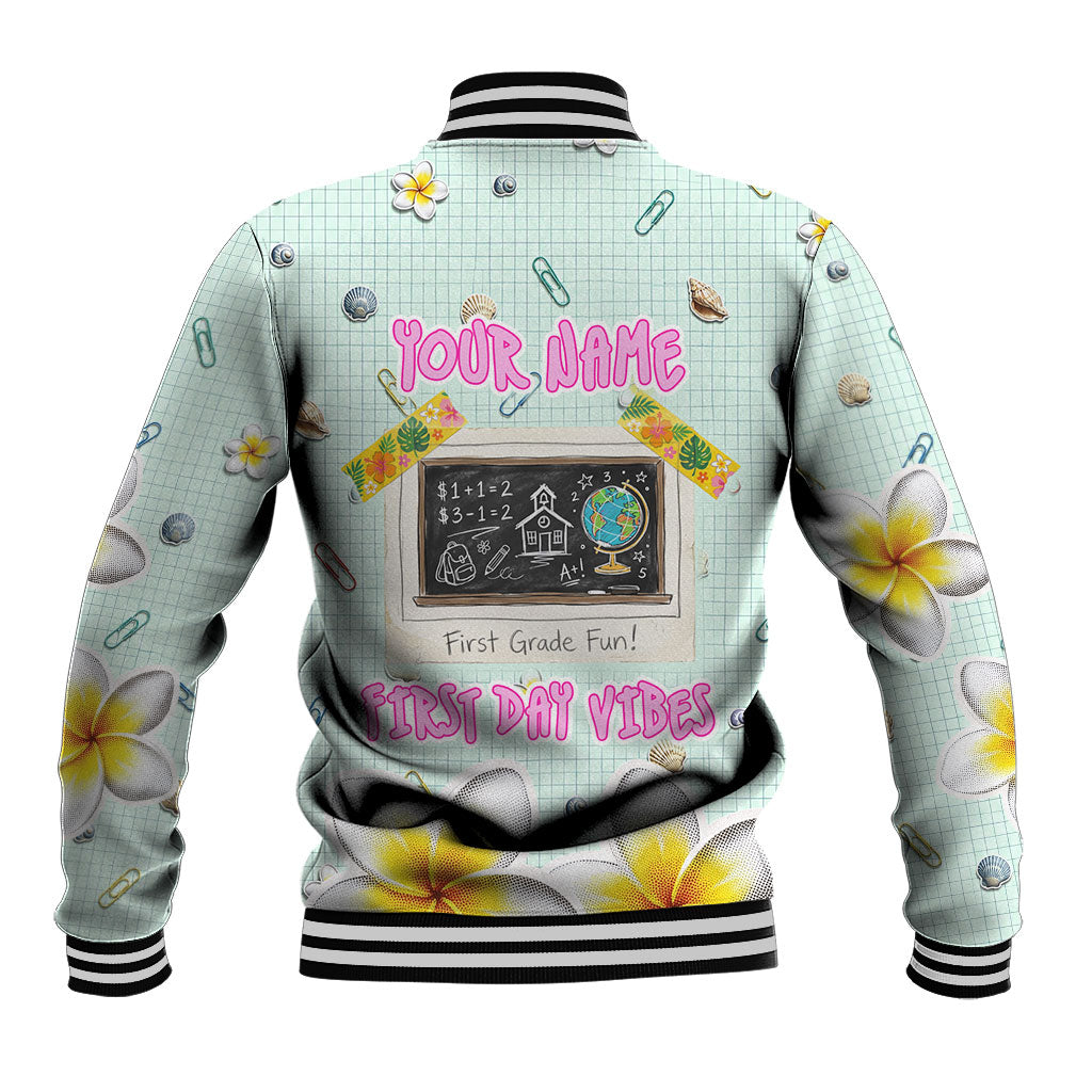 Personalized Hawaii Back To School Dolphin Baseball Jacket Grid Notebook Background With Dolphin Mascot And Plumeria Flowers TS04 - Polynesian Pride