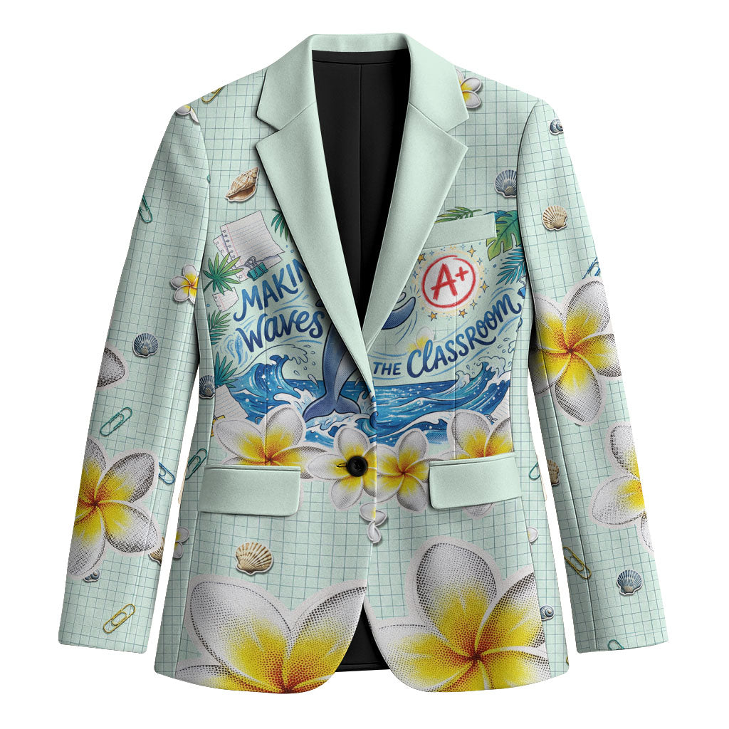 Personalized Hawaii Back To School Dolphin Blazer Grid Notebook Background With Dolphin Mascot And Plumeria Flowers TS04 Unisex Green White - Polynesian Pride
