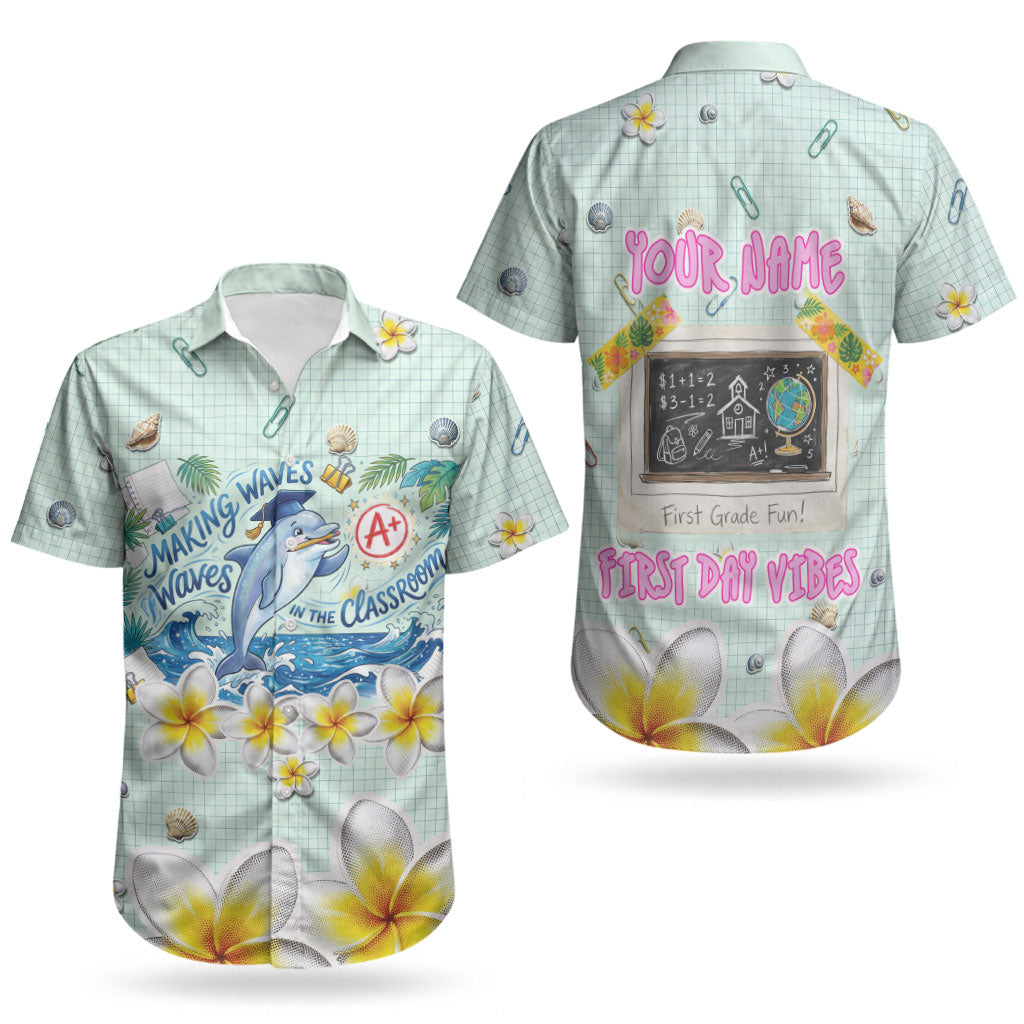 Personalized Hawaii Back To School Dolphin Couples Matching Long Sleeve Bodycon Dress and Hawaiian Shirt Grid Notebook Background With Dolphin Mascot And Plumeria Flowers TS04 - Polynesian Pride