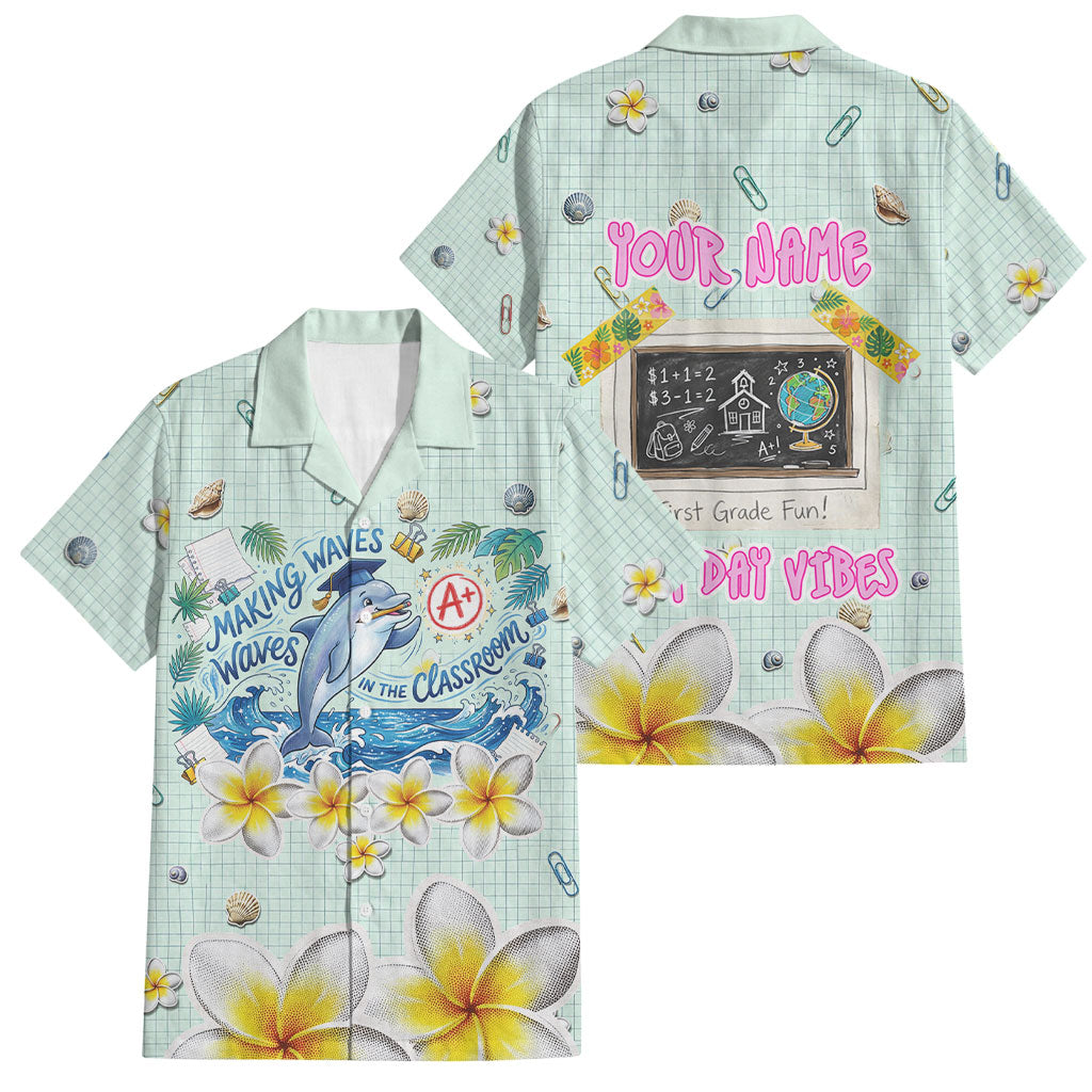 Personalized Hawaii Back To School Dolphin Family Matching Long Sleeve Bodycon Dress and Hawaiian Shirt Grid Notebook Background With Dolphin Mascot And Plumeria Flowers TS04 Dad's Shirt - Short Sleeve Green White - Polynesian Pride