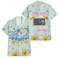 Personalized Hawaii Back To School Dolphin Family Matching Off The Shoulder Long Sleeve Dress and Hawaiian Shirt Grid Notebook Background With Dolphin Mascot And Plumeria Flowers TS04 Dad's Shirt - Short Sleeve Green White - Polynesian Pride