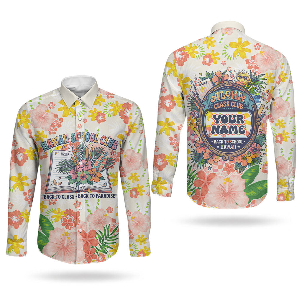 Personalized Hawaii School Club Back To Class Couples Matching Off The Shoulder Long Sleeve Dress and Long Sleeve Button Shirt Retro Tropical Hibiscus Pattern With Open Notebook TS04 - Polynesian Pride