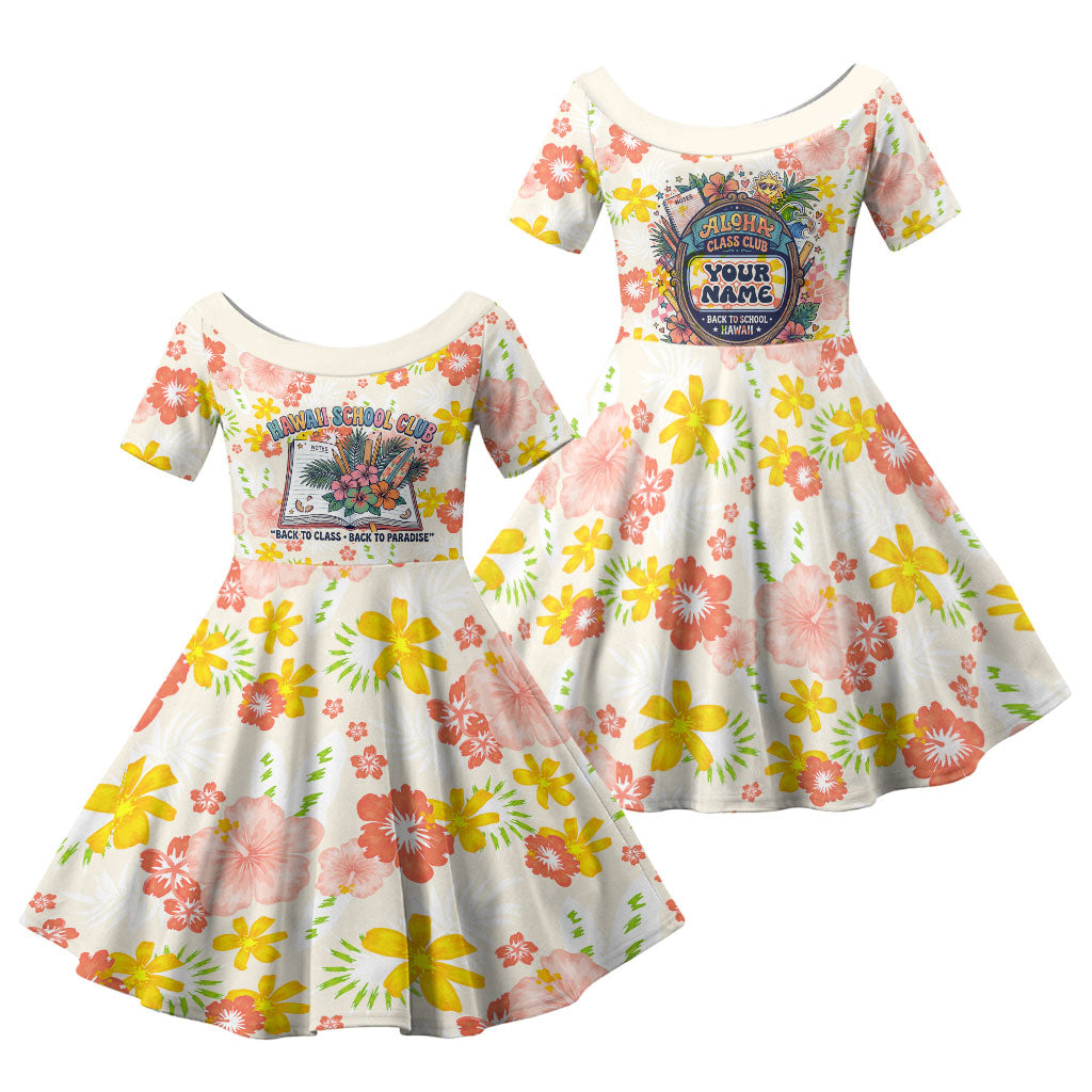 Personalized Hawaii School Club Back To Class Family Matching Short Sleeve Bodycon Dress and Hawaiian Shirt Retro Tropical Hibiscus Pattern With Open Notebook TS04 Daughter's Dress White Orange - Polynesian Pride