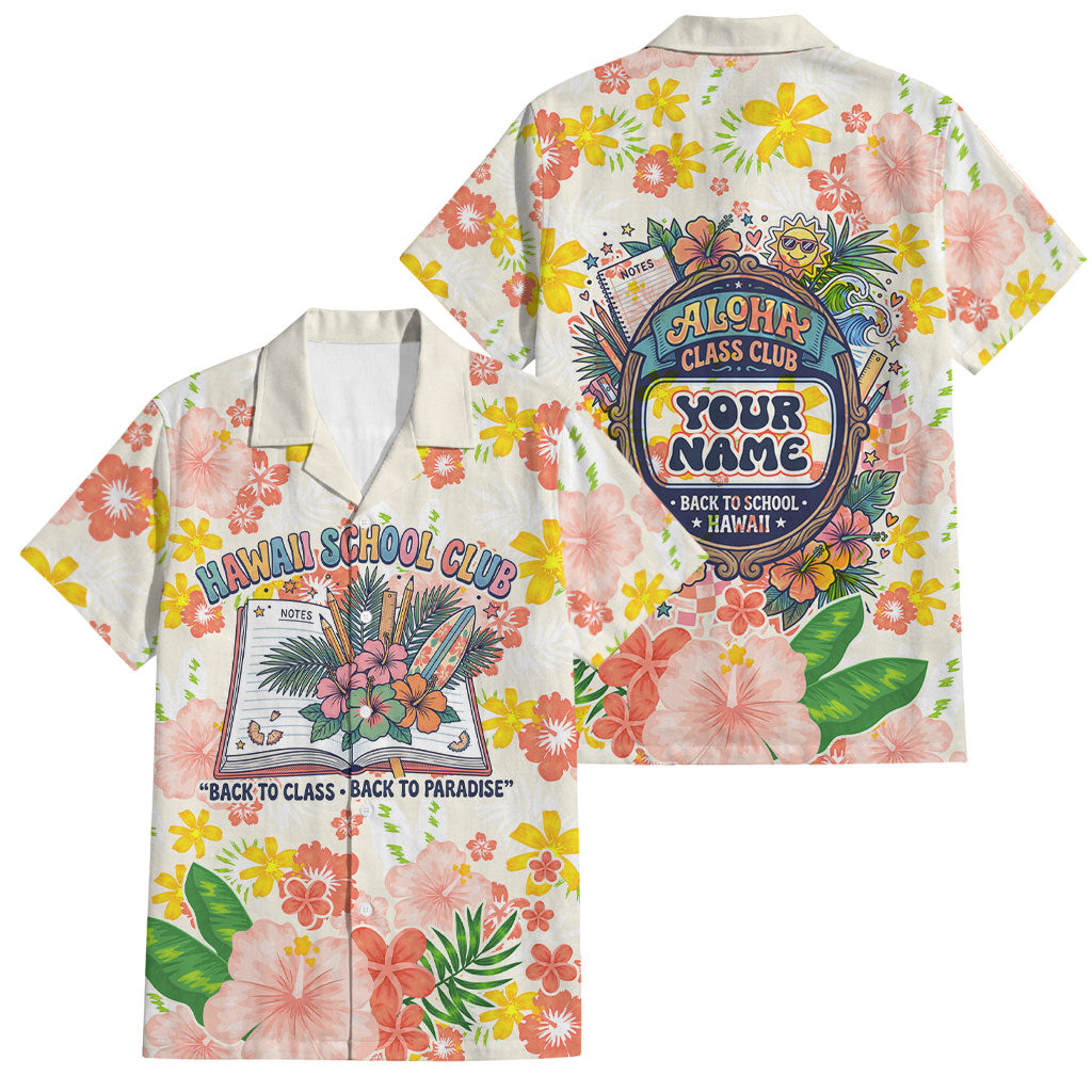 Personalized Hawaii School Club Back To Class Family Matching Summer Maxi Dress and Hawaiian Shirt Retro Tropical Hibiscus Pattern With Open Notebook TS04 Dad's Shirt - Short Sleeve White Orange - Polynesian Pride