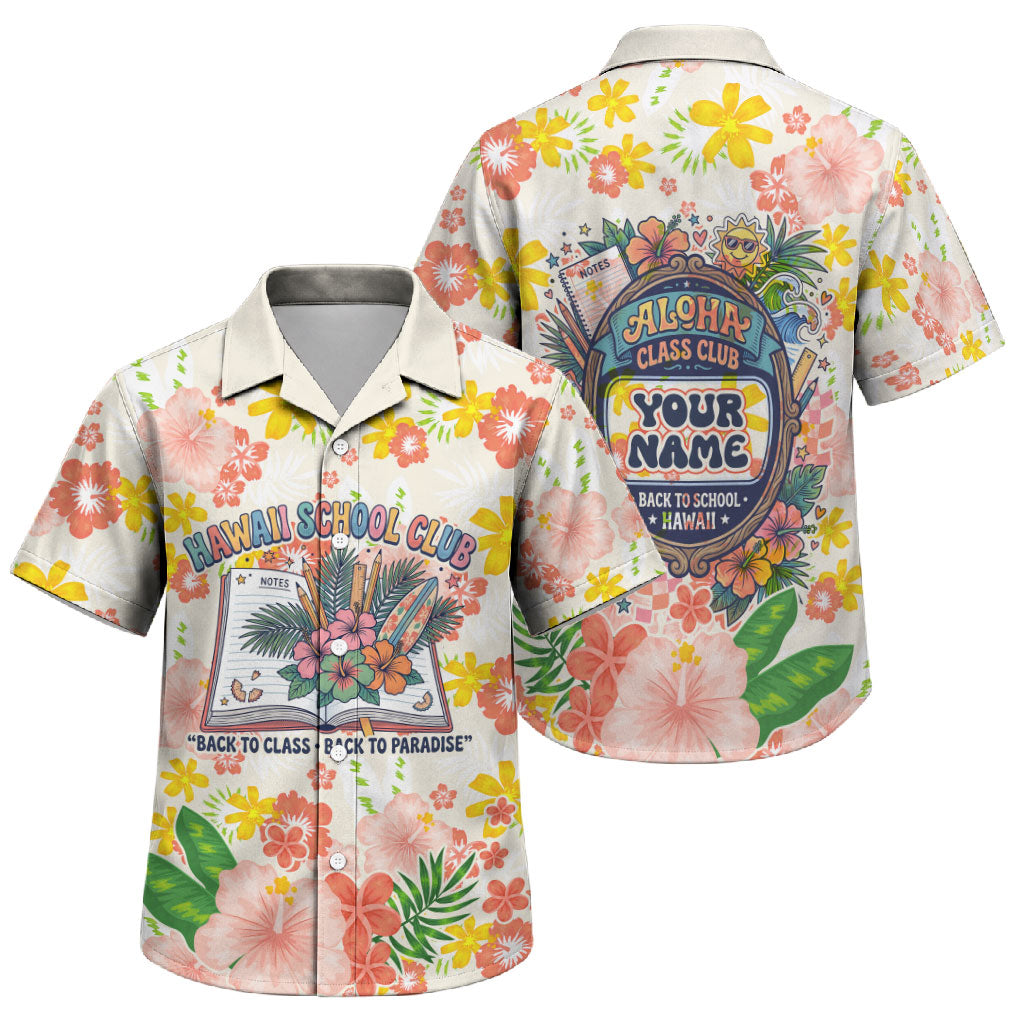 Personalized Hawaii School Club Back To Class Family Matching Summer Maxi Dress and Hawaiian Shirt Retro Tropical Hibiscus Pattern With Open Notebook TS04 Son's Shirt White Orange - Polynesian Pride
