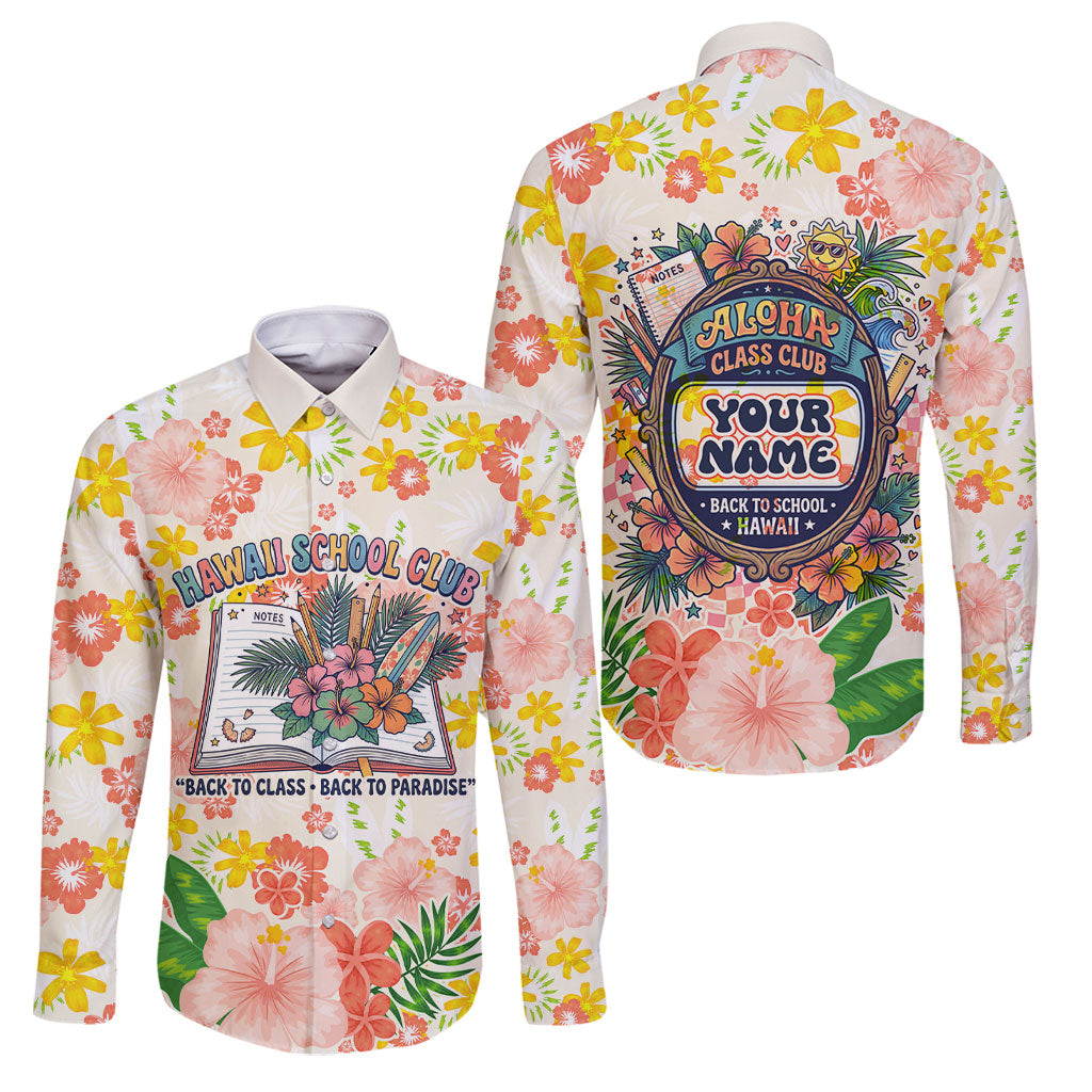 Personalized Hawaii School Club Back To Class Family Matching Tank Maxi Dress and Hawaiian Shirt Retro Tropical Hibiscus Pattern With Open Notebook TS04 Dad's Shirt - Long Sleeve White Orange - Polynesian Pride