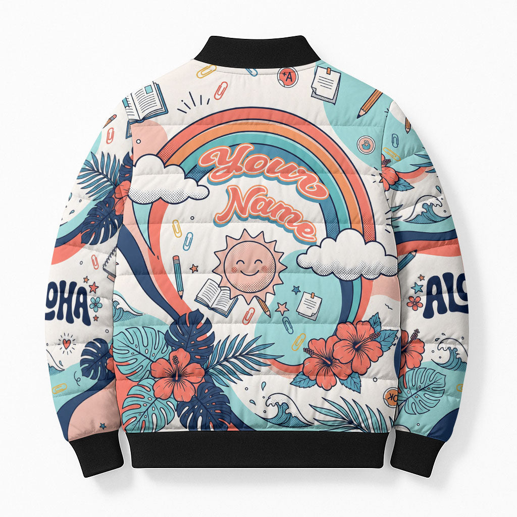 Personalized Hawaii Back To School Bomber Puffer Jacket Retro Rainbow Sun with Tropical Hibiscus Flowers TS04 - Polynesian Pride