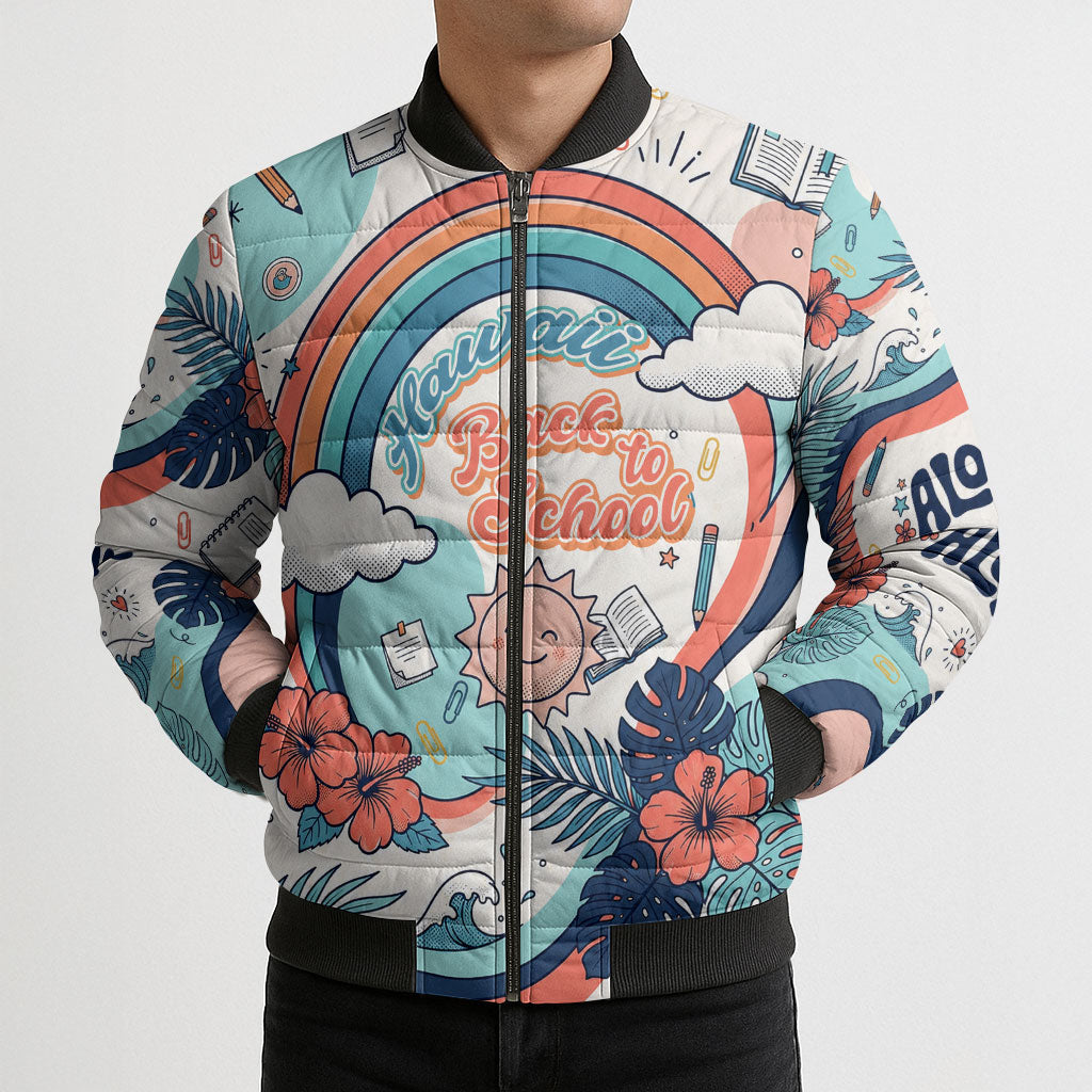 Personalized Hawaii Back To School Bomber Puffer Jacket Retro Rainbow Sun with Tropical Hibiscus Flowers TS04 - Polynesian Pride