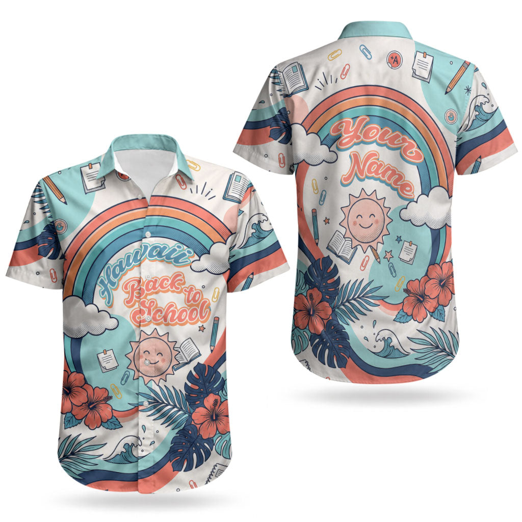 Personalized Hawaii Back To School Couples Matching Long Sleeve Bodycon Dress and Hawaiian Shirt Retro Rainbow Sun with Tropical Hibiscus Flowers TS04 - Polynesian Pride