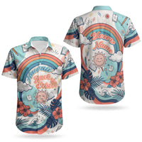 Personalized Hawaii Back To School Couples Matching Off The Shoulder Long Sleeve Dress and Hawaiian Shirt Retro Rainbow Sun with Tropical Hibiscus Flowers TS04 - Polynesian Pride