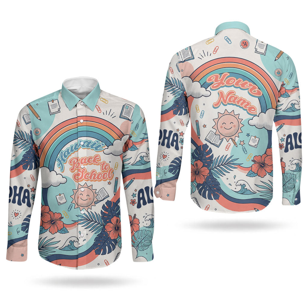 Personalized Hawaii Back To School Couples Matching Short Sleeve Bodycon Dress and Long Sleeve Button Shirt Retro Rainbow Sun with Tropical Hibiscus Flowers TS04 - Polynesian Pride