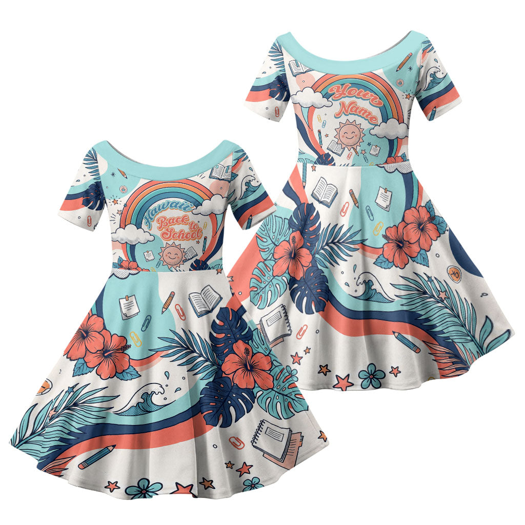 Personalized Hawaii Back To School Family Matching Long Sleeve Bodycon Dress and Hawaiian Shirt Retro Rainbow Sun with Tropical Hibiscus Flowers TS04 Daughter's Dress White Blue - Polynesian Pride