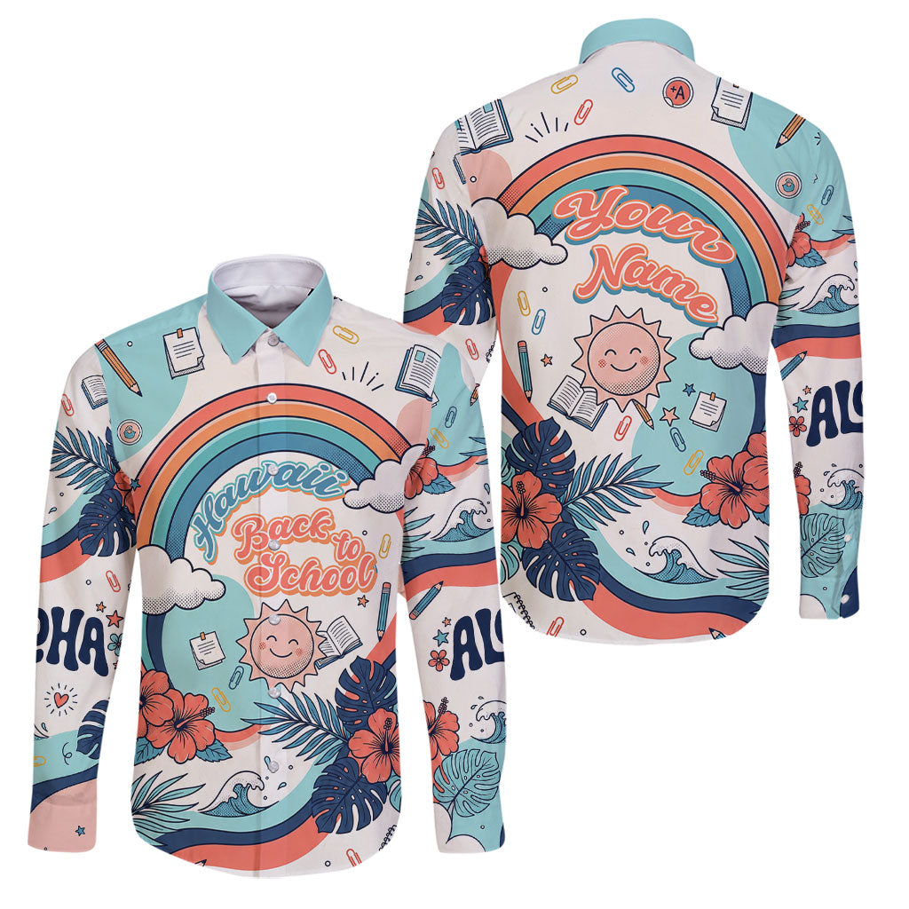 Personalized Hawaii Back To School Family Matching Mermaid Dress and Hawaiian Shirt Retro Rainbow Sun with Tropical Hibiscus Flowers TS04 Dad's Shirt - Long Sleeve White Blue - Polynesian Pride