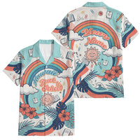 Personalized Hawaii Back To School Family Matching Off Shoulder Maxi Dress and Hawaiian Shirt Retro Rainbow Sun with Tropical Hibiscus Flowers TS04 Dad's Shirt - Short Sleeve White Blue - Polynesian Pride