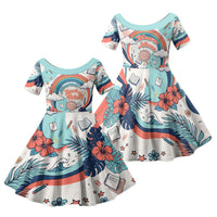 Personalized Hawaii Back To School Family Matching Off Shoulder Short Dress and Hawaiian Shirt Retro Rainbow Sun with Tropical Hibiscus Flowers TS04 Daughter's Dress White Blue - Polynesian Pride
