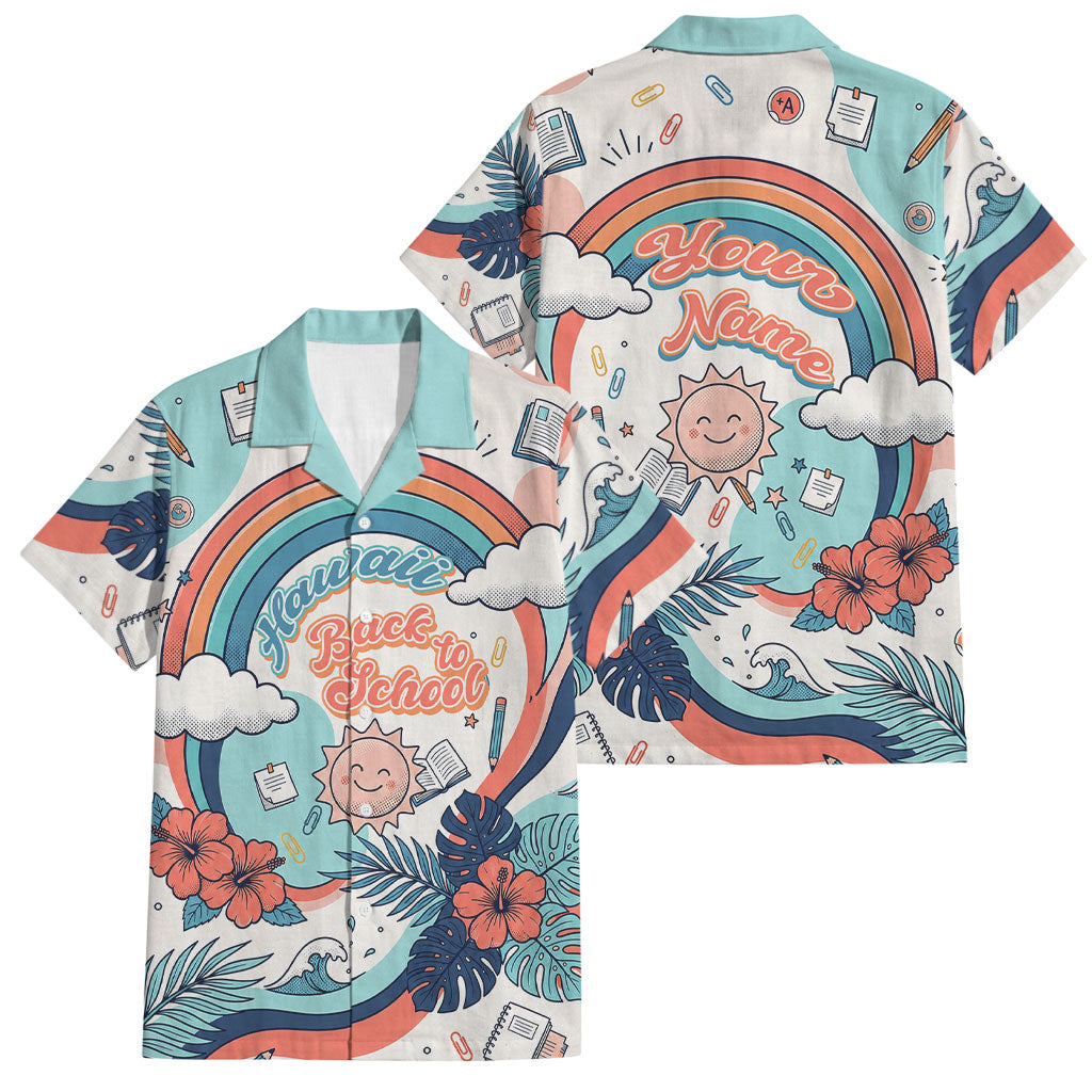 Personalized Hawaii Back To School Family Matching Short Sleeve Bodycon Dress and Hawaiian Shirt Retro Rainbow Sun with Tropical Hibiscus Flowers TS04 Dad's Shirt - Short Sleeve White Blue - Polynesian Pride