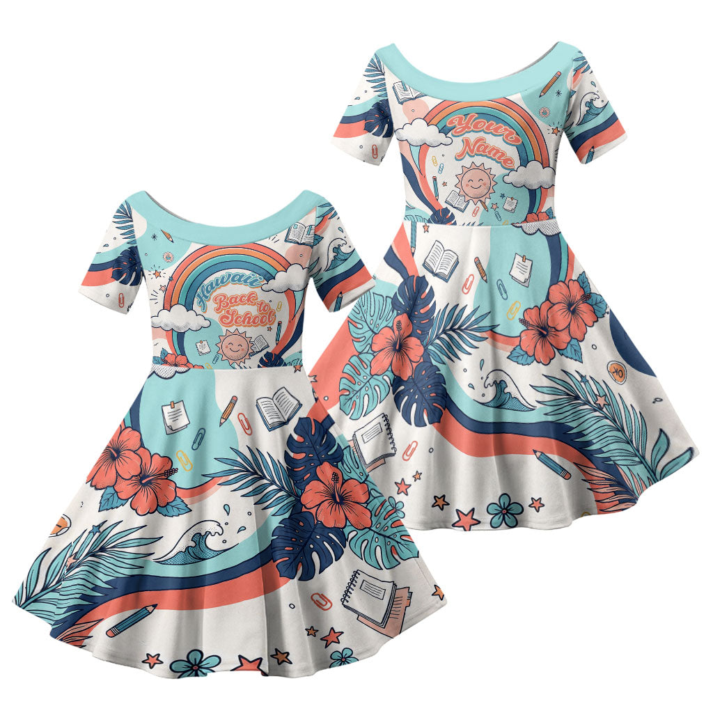Personalized Hawaii Back To School Family Matching Summer Maxi Dress and Hawaiian Shirt Retro Rainbow Sun with Tropical Hibiscus Flowers TS04 Daughter's Dress White Blue - Polynesian Pride