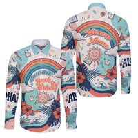 Personalized Hawaii Back To School Family Matching Tank Maxi Dress and Hawaiian Shirt Retro Rainbow Sun with Tropical Hibiscus Flowers TS04 Dad's Shirt - Long Sleeve White Blue - Polynesian Pride