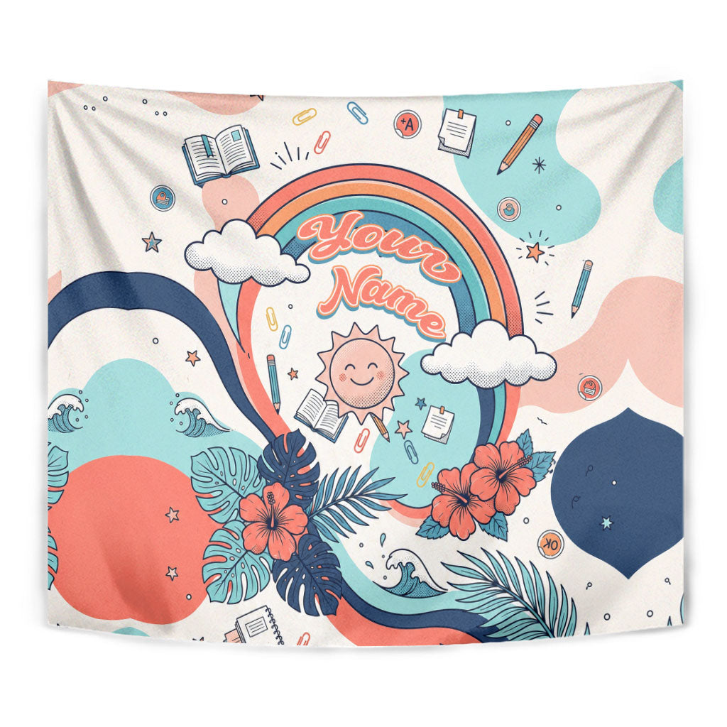Personalized Hawaii Back To School Tapestry Retro Rainbow Sun with Tropical Hibiscus Flowers TS04 - Polynesian Pride