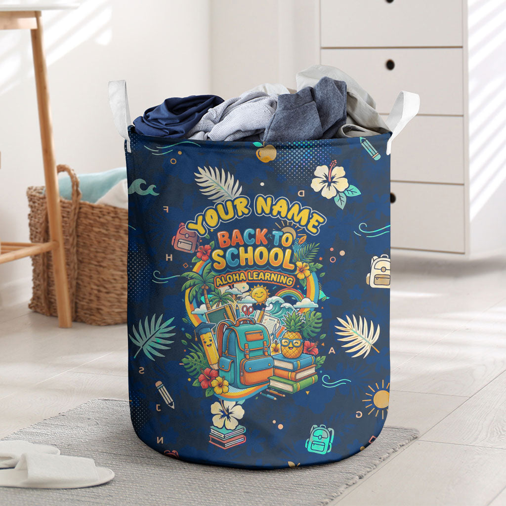 Personalized Hawaii Back To School Aloha Learning Laundry Basket Retro Rainbow open Notebook with Pineapple and Hibiscus Flowers TS04 Blue - Polynesian Pride