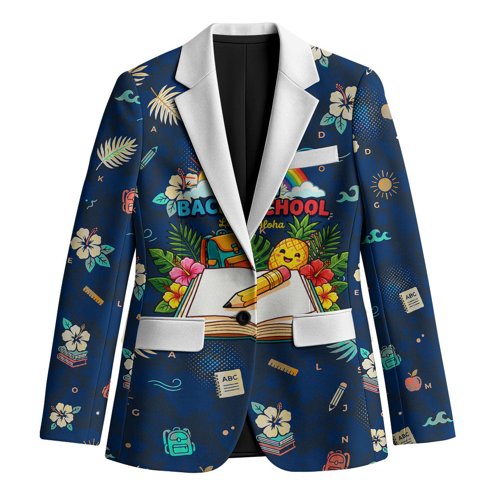 Personalized Hawaii Back To School Aloha Learning Blazer Retro Rainbow open Notebook with Pineapple and Hibiscus Flowers TS04 Unisex Blue - Polynesian Pride