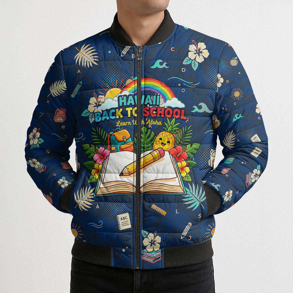 Personalized Hawaii Back To School Aloha Learning Bomber Puffer Jacket Retro Rainbow open Notebook with Pineapple and Hibiscus Flowers TS04 - Polynesian Pride