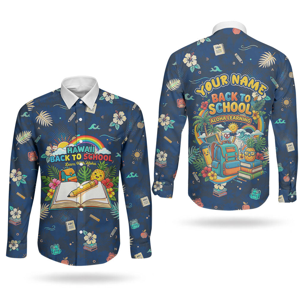 Personalized Hawaii Back To School Aloha Learning Couples Matching Off The Shoulder Long Sleeve Dress and Long Sleeve Button Shirt Retro Rainbow open Notebook with Pineapple and Hibiscus Flowers TS04 - Polynesian Pride